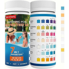 Baseina testa sloksnes 7-in-1 testa sloksnes Pool Pack of 100, precīzas testa sloksnes baseinam, Spa, pietiekams baseina pH, cietības, kopējās sārmainības, ciānskābes, kopējā hlora, brīvā hlora, brīvā hlora testeris