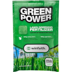 Winfaith Ūdenī šķīstošs granulveida mēslojums zāliena apzaļumošanai, sūnu iznīcinātājs uz dzelzs un mangāna bāzes, EDTA 500 g, neveido traipus uz virsmām, ražots Eiropā, pret dzeltenu zālienu.