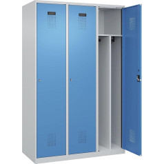 kaiserkraft | Spind Evolo Plus Trennwand mittig | 3 Abteile | lichtgrau/lichtblau | B 1200 mm | mit Bodengleitern | Zylinderschloss