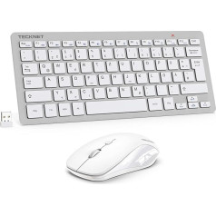Tecknet Bezvadu tastatūras peles komplekts, vācu QWERTZ izkārtojums, 2,4 GHz bezvadu mini tastatūras pele, 15 m diapazona savienojums, bezvadu klusa bezvadu tastatūra ar peli datoram, klēpjdatoram, viedajam televizoram, sudraba krāsas