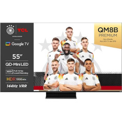 TCL 55QM8B 55 collu (139,7 cm) Mini LED televizors, QLED, 144 Hz, 4K HDR Premium 1300 nitu, Google TV, Dolby Atmos, Onkyo, Game Master Pro 2.0