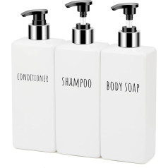 Segbeauty ziepju dozators, 3 gab. 500 ml ziepju dozatoru komplekts ar uzlīmēm šampūnam, kondicionierim, ķermeņa ziepēm, šampūna pudelēm uzpildīšanai virtuvē un vannas istabā, balts