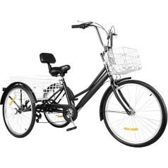 24 collu trīsritenis pieaugušajiem, 3 riteņu kruīza velosipēds ar atzveltni, trīsriteņu velosipēds pieaugušajiem, 7 ātrumu velosipēds, 3 riteņi, trīsriteņi aprīkoti ar grozu, melns ar priekšējo rāmi