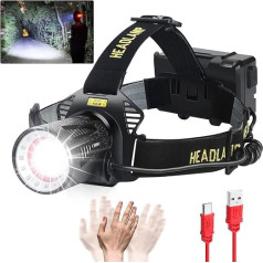 LED uzlādējams lukturis, 150 000 LM īpaši spilgts lukturis pieaugušajiem ar kustības sensoriem, 7 režīmi, tālummaiņa, IP68 ūdensizturīgs lukturis, 10000 mAh akumulators, uzlādējams skriešanas lukturis