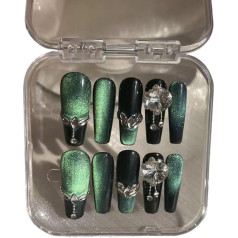 OPLKIOP Temperamentverbessernde Maniküre, grünes Katzenauge, handgetragenes Nagelpflaster, Bunte grüne Explosion(L)