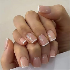 Press on Nails W1686-YQ Kunstnägel, glänzend, rosa, quadratisch, kurz, vollständige Abdeckung, zum Aufkleben auf Nägel für Damen und Mädchen, tägliches Tragen, Nagelspitzen
