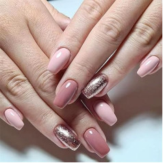 Press on Nails JP2856 Kunstnägel, glänzend, rosa, quadratisch, kurz, vollständige Abdeckung, zum Aufkleben, für Damen und Mädchen, für den täglichen Gebrauch