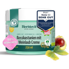 Herbiovit Kastaņu krēms ar vīnogulāju lapām nogurušām kājām varikozas vēnas zirnekļveida vēnas 250 ml Kastaņu krēms ar sarkanajām vīnogulāju lapām un piparmētras eļļu uz alvejas bāzes 100% dabīga kosmētika Vegāns