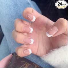 Īsi rozā kvadrātveida viltus nagi Viltus nagi ar līmi Eleganti pieskāriena nagi Bare Square Acrylic False Nails Stick on Nails for Women Nail Salon (S_French)