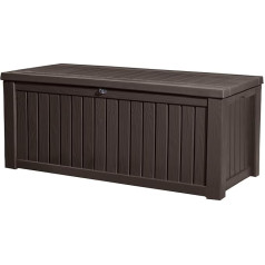 Keter Rockwood Rockwood āra uzglabāšanas kaste 570L Resin Brown Garden Patio uzglabāšanas kaste 155 x 72,4 x 64,4 cm