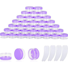 100 gab. 3g paraugu trauciņi, 3ml tukšas burciņas ar vāciņiem, mazas kosmētikas burciņas, mini paraugu burciņas ar 8 mini spatuliņām grimam, eļļām, losjoniem, pūderiem, krāsām, rotaslietām, lūpu balzamiem (violets vāks)