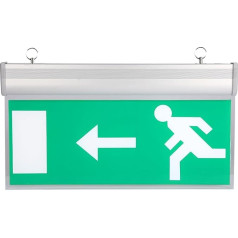 LED glābšanas zīmes gaisma, zaļā glābšanas zīme, automātiskā drošības evakuācijas indikatora gaisma izklaides vietām, lielveikaliem, viesnīcām, slimnīcām, bibliotēkām, dzelzceļa stacijām (kreisā)