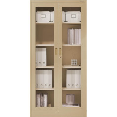 Jan Nowak Metāla skapis ar stiklu Vitrīna skapis Dokumentu skapis Biroja skapis Skapis 4 regulējami plaukti Drošības cilindra slēdzene Pulvera pārklājums 185 cm x 90 cm x 40 cm (bēšs)