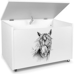 Leomark Koka rotaļlietu kaste uz riteņiem, augstums 46 cm, sols ar glabāšanas vietu, rotaļlietu kaste ar vāku, XXL bērnu sols - bērnu sols, balta glabāšanas kaste 91 L (Zirgs)