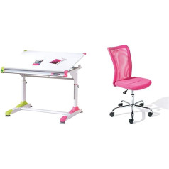 Inter Link Bērnu rakstāmgalds MDF balts 100 x 69-84 x 66 cm & Bērnu grozāms biroja krēsls Jauniešu grozāms rakstāmgalds Metāla pārvalks Mesh rozā Š x H x V x D: 43 x 88-98 x 56 cm