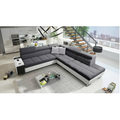 All4All Margo IX Stūra dīvāns ar miega funkciju 283 x 298 cm - Dīvāns ar guļamvietu - Dzīvojamā ainava L-formā - XXL dīvāns liels - sānu labajā pusē - Teksturēts audums ar mākslīgo ādu - Tumši pelēks/balts
