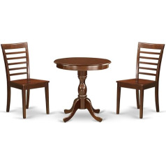 East West Furniture ESML3-MAH-W Eden 3 gabaliņu istabas mēbeļu komplektā ietilpst apaļš pusdienu galds ar pamatni un 2 koka krēsli 30
