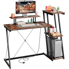 Dripex Spēļu galds ar USB uzlādes portu un ligzdu, datorgalds ar plauktu un monitora statīvu, datorgalds, spēļu galds mājas birojam, birojam, ar grozāmu plauktu, brūns