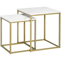 HOMCOM kafijas galdiņš 2 sānu galdiņu komplekts ar marmora izskatu, tērauda rāmis, saliekams, viesistabas galds, kafijas galdiņš, dīvāna galds viesistabai, guļamistabai, balts + zelts
