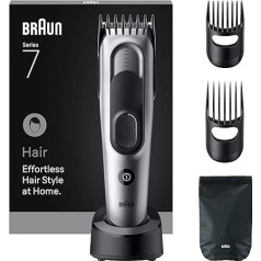 Braun HC7590 7. sērijas matu trimmeris + 5 piederumi, ilgmūžīgs asais asmens, 17 garuma iestatījumi ar atmiņas pogu, 50 minūšu darbības laiks, mazgājams, pelēks