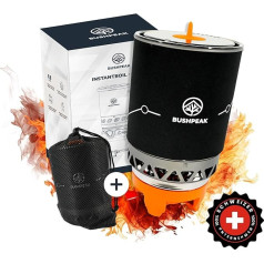 Bushpeak Instant Boil āra gāzes plīts ar transportēšanas somu un piederumiem, 900 ml - 1800 ml, kempinga gāzes plīts komplekts, 1 spuldzes ar katlu un pjezo aizdedzi