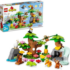 LEGO 10973 Duplo Dienvidamerikas savvaļas dzīvnieku rotaļlietu komplekts ar 7 dzīvnieku figūriņām, akmeņiem un džungļu rotaļu paklājiņu, izglītojoša rotaļlieta no 2 gadiem