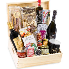 Treasure Chest Gourmet Box - Delikateses dāvanu komplekts Delikateses koka kastē, dāvanu grozs itāļu ar sarkanvīnu Prosecco Olīveļļa Makaronu makaroni Prosciutto