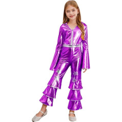 Kaerm Disco tērps Bērnu meiteņu 70. un 80. gadu metālisks kostīms Metālisks kombinezons Trompetes piedurknes Jumpsuit Pilns ķermenis ar sašūtām biksēm Deju kostīms