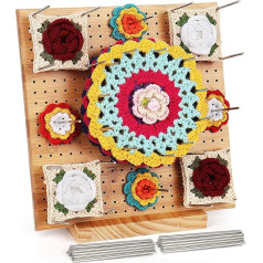 Coopay Granny Square Spanner Large, koka bloķēšanas dēlis 28 x 28 cm, Granny Square bloķēšanas dēlis tamborēšanai un 30 nerūsējošā tērauda fiksēta nūjiņa, stiprinājuma dēlis Granny kvadrātu spriegošanai, adīšanai un adīšanai.