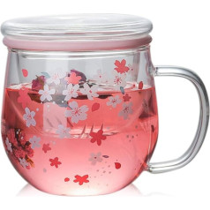 300 ml stikla tējas krūze ar sietiņu un vāku, rozā ziedu raksts