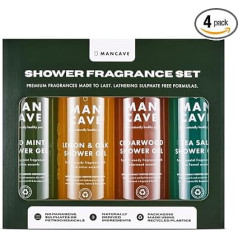 ManCave vīriešu dušas želeja, 4 x 500 ml, dabiska, nesatur sulfātus, dabiska, nesatur sulfātus - mežonīgā piparmētra, citrons un ozols, ciedra koks un jūras sāls, vegāns, nekaitīgs - ražots Apvienotajā Karalistē, dāvanu komplekts vīrie