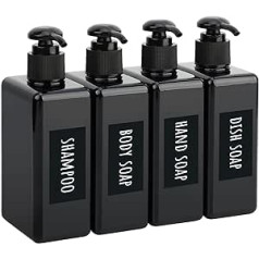 Segbeauty Lotion Dispenser Square, Pack of 4, 280 ml, Black Soap Dispenser Set with Handwritten Labels for Shampoo, Shower Gel, Soap, Liquid Soap, Refillable Plastic Pump Bottles for Kitchen, Bathroom