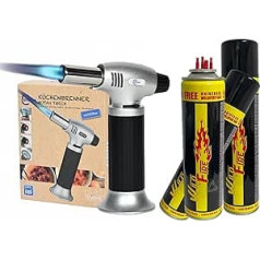 Clearfee Butane Flambé Torch | Includes 3 x 300 ml Each Butane Refill Gas | 1300 °C Max. Temperature, 0.28 KW Strong | Blow Torch, Kitchen Burner, Bunsen Burner for Kitchen, Camping & Workshop Burner