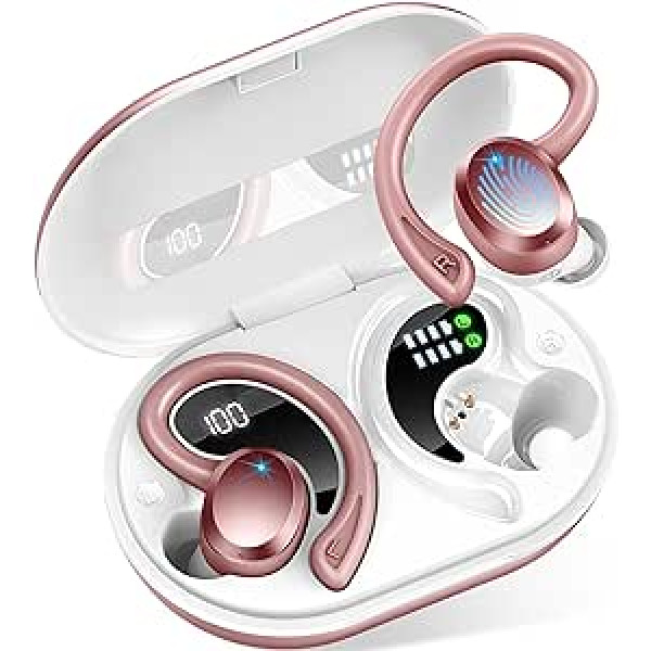 Bluetooth sporta austiņas, bezvadu Bluetooth 5.3 austiņas ar HD mikrofonu, 48 stundu Hi-Fi stereo austiņas, 14,2 mm vadītāja austiņas, LED displejs, IP7 ūdensizturīgs ar 800 mAh uzlādes korpusu,