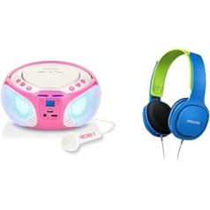 Lenco SCD-650 - Bērnu CD atskaņotājs - CD radio - Karaoke atskaņotājs - Stereo sistēma - Boombox - Pink & Philips SHK2000BL/00 Over Ear bērnu austiņas, krāsainas LED gaismas, 85 dB skaļuma ierobežojums