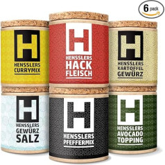 HENSSLERS 6er Gewürz-Set - Gewürz-Salz, Pfeffer-Mix, Curry-Mix, Kartoffel-Gewürz, Hackfleisch-Gewürz und Avocado Topping, zum Braten, Grillen, Verfeinern, Kochen u.c., 5x 80 g un 1x 50 g