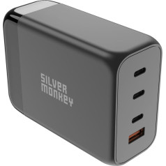 Silver Monkey Мощное сетевое зарядное устройство GaN 200 Вт с кабелем питания 3xUSB-C PD USB-A QC 3.0 черный