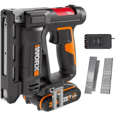 WORX 18 V (MAX 20 V) WX843, PowerShare, 2-in-1 un skavu skavotājs, viegla dziļuma regulēšana, LED gaisma 15 mm 0,82 mm naglas (18 mm biezums) 500 gab. 10 mm 53 tipa skavas