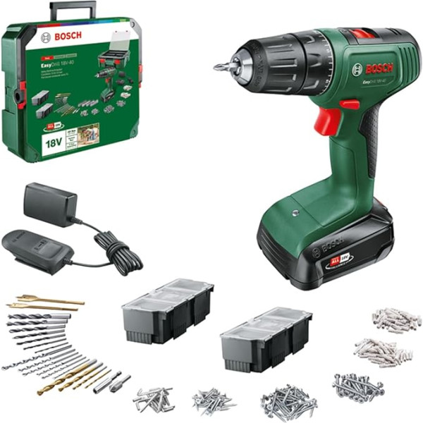 Bosch Home and Garden Bosch EasyDrill 18V-40 akumulatora skrūvgriezis (Skrūves vai urbšana kokā, metālā un plastmasā; 241 gab. uzgaļu komplekts; 1 akumulators 1,5 Ah un lādētājs; 18 V sistēma; ievietots SystemBox)