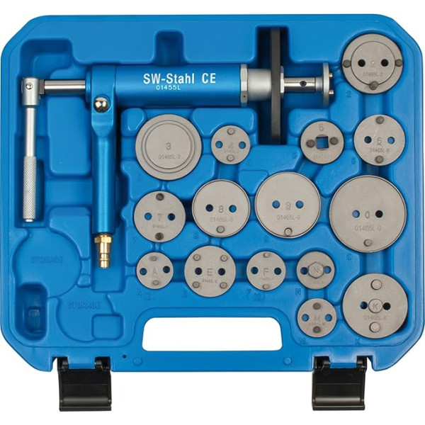 SW-Stahl 01465L Universāls bremžu virzuļu pārpakošanas rīks, 16 gabali, bremžu virzuļu pārpakošanas rīks, ar saspiestā gaisa vārpstu, labās un kreisās puses rotējošiem bremžu virzuļiem
