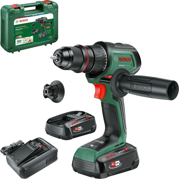 Bosch AdvancedDrill 18V-80 akumulatora urbjmašīna (urbšanai un skrūvēšanai; 18 V sistēma; 78 Nm; metāla urbšanas korpuss; magnētiskais vāciņš; papildu rokturis; ar divām baterijām un lādētāju)