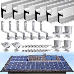 Saules paneļu kronšteinu komplekts, saules paneļu stiprinājuma sistēma 20 cm, jumta āķa fotoelementu stiprinājuma sistēma, sliedes, saules moduļi, balkona elektrostacijas kronšteins (6 sliedes + 6 jumta āķi + 4 gala skavas + 2 centra skavas +