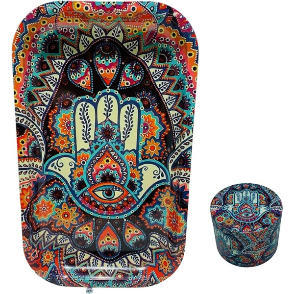 Kombinētais komplekts Fatima Khamsa Khomsa Hand Roll Plate 27 x 16 cm no izturīgas dzelzs + atbilstoša dzirnaviņas 50 mm diametrs 4 gabaliņu garšvielu dzirnaviņas Cinka izturīgs velmēšanas paplāte