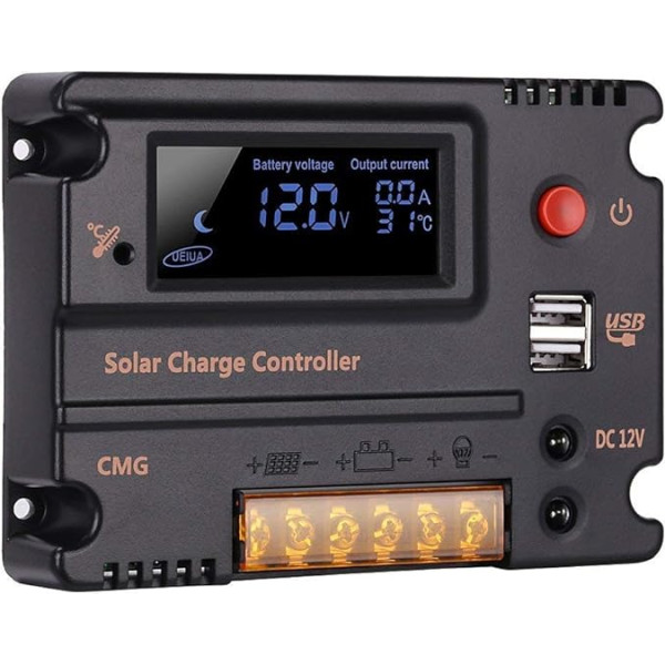 10A 12V/24V saules bateriju uzlādes kontrolieris, saules paneļa akumulatora inteliģentais kontrolieris ar automātisko slēdzi, LCD displejs, inteliģentā USB pieslēgvieta, aizsardzība pret pārslodzi un temperatūras kompensācija