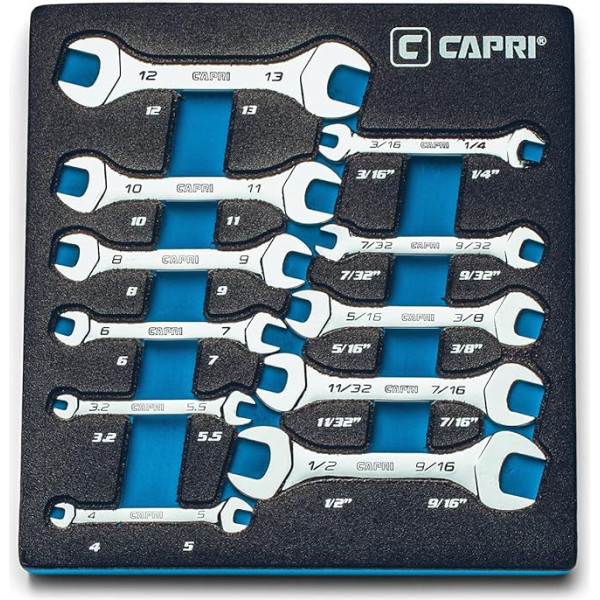 Capri Tools Slim Mini Maulschlüsselsatz mit Mechanikerablage, metrisch und SAE, 3,2-13 mm und 3/16-9/16 Zoll, 11-teilig