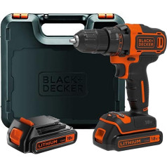 Black+Decker BDCDD186K BDCDD186KB-QW Akumulatora urbjmašīna ar 2 ātrumu pārnesumu, 18 V, 1,5 Ah, komplektā 2 akumulatori un 400 mA lādētājs, ar dubulto uzgali, LED darba gaismu, neslīdoša mīksta rokturi