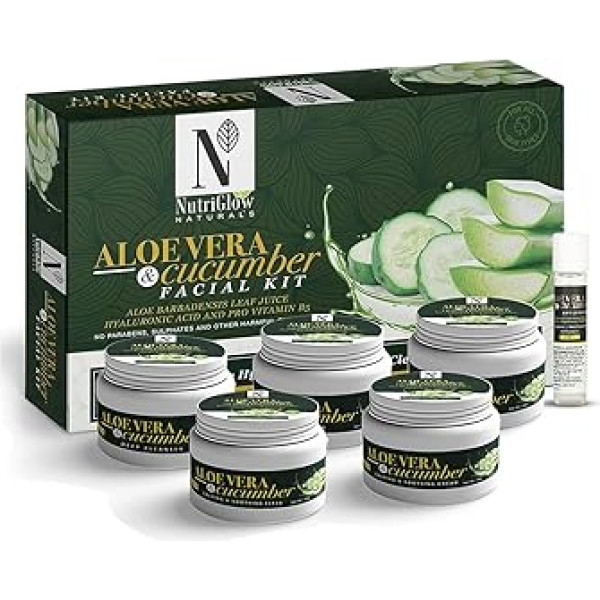 Nutriglow NATURAL'S Aloe Vera & Cucumber Face Kit - 6 gabaliņu ādas kopšanas komplekts ar dziļu attīrīšanu, pīlingu, barojošu želeju, pretnovecošanās līdzekli (250 g + 10 ml) Multi 6 Count (Pack of 1)