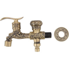 Tyenaza Brass Faucet Wall in Sink Faucet Antique Dragon Carved 2 Handles 1 Hole Single Cold Water Tap with Decoration Cover for Sink Counter