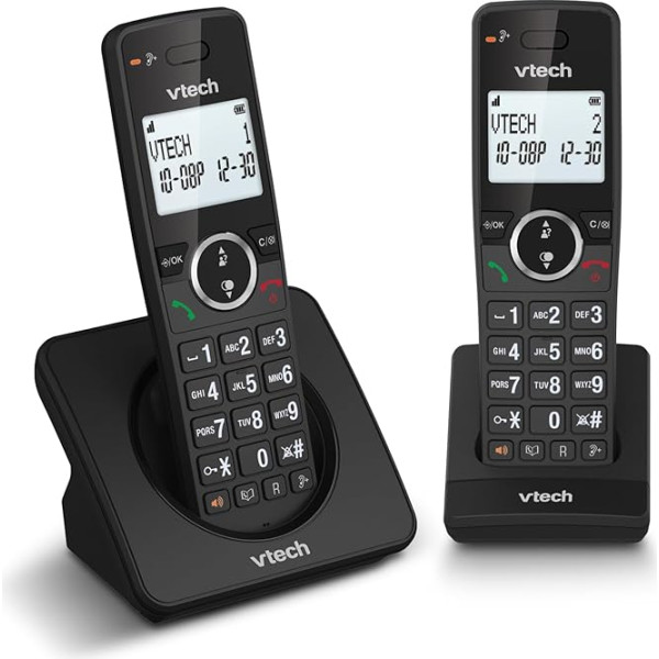 VTech ES2001 DECT bezvadu tālrunis ar 2 klausulēm, zvanu bloķēšanu, skaļuma regulēšanu, zvanītāja ID/izsaukumu, 18 stundu sarunu laiku, ātrās izvēles funkciju, apgaismotu displeju un tastatūru, Eco režīmu