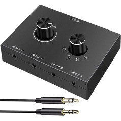 3,5 mm audio pārslēdzējs 4 (1)-IN-1(4)-OUT, stereo audio divvirzienu pārslēdzējs ar skaļuma regulēšanas funkciju Analogais stereo pārslēdzējs Stereo audio pārslēdzējs Radio Phono austiņām PC